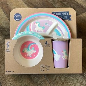 Core bamboo kids 5 piece unicorn dinner set: plate, bowl, cup, fork & spoon